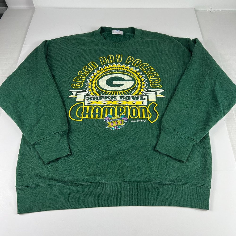 VTG 90s Super Bowl XXXI Champs Green Bay Packer Adult Large Green Faded Crewneck